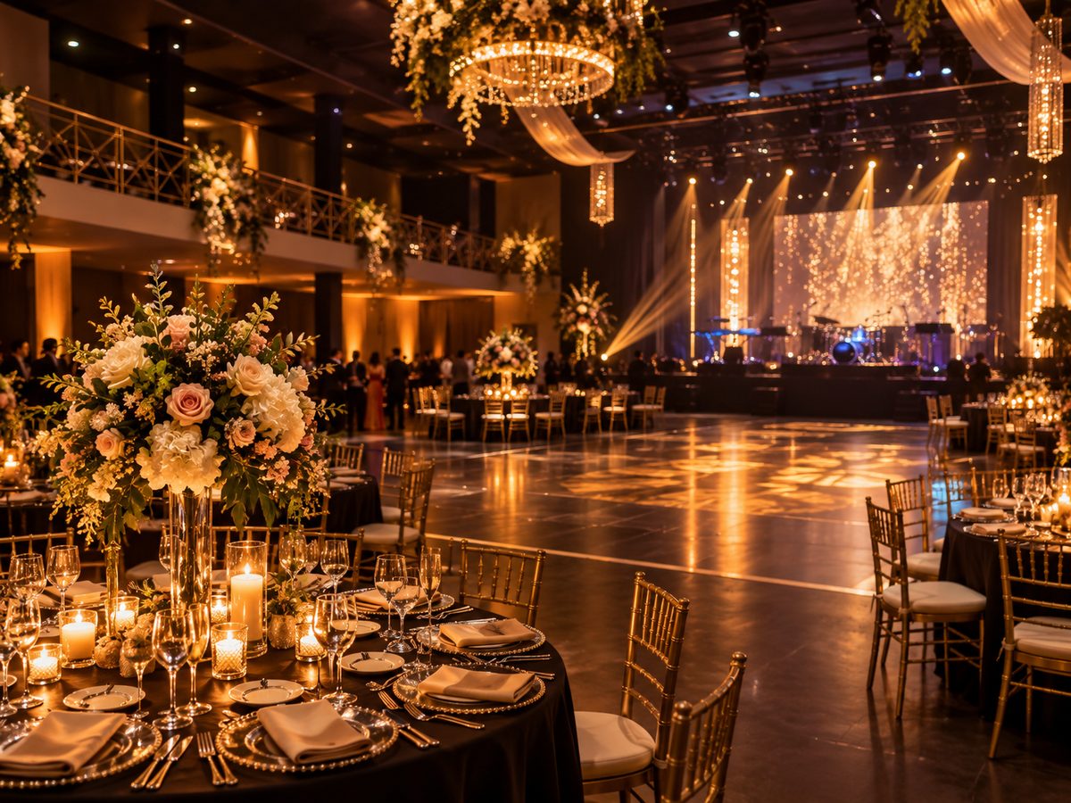 Boda montada en salón con luces cálidas