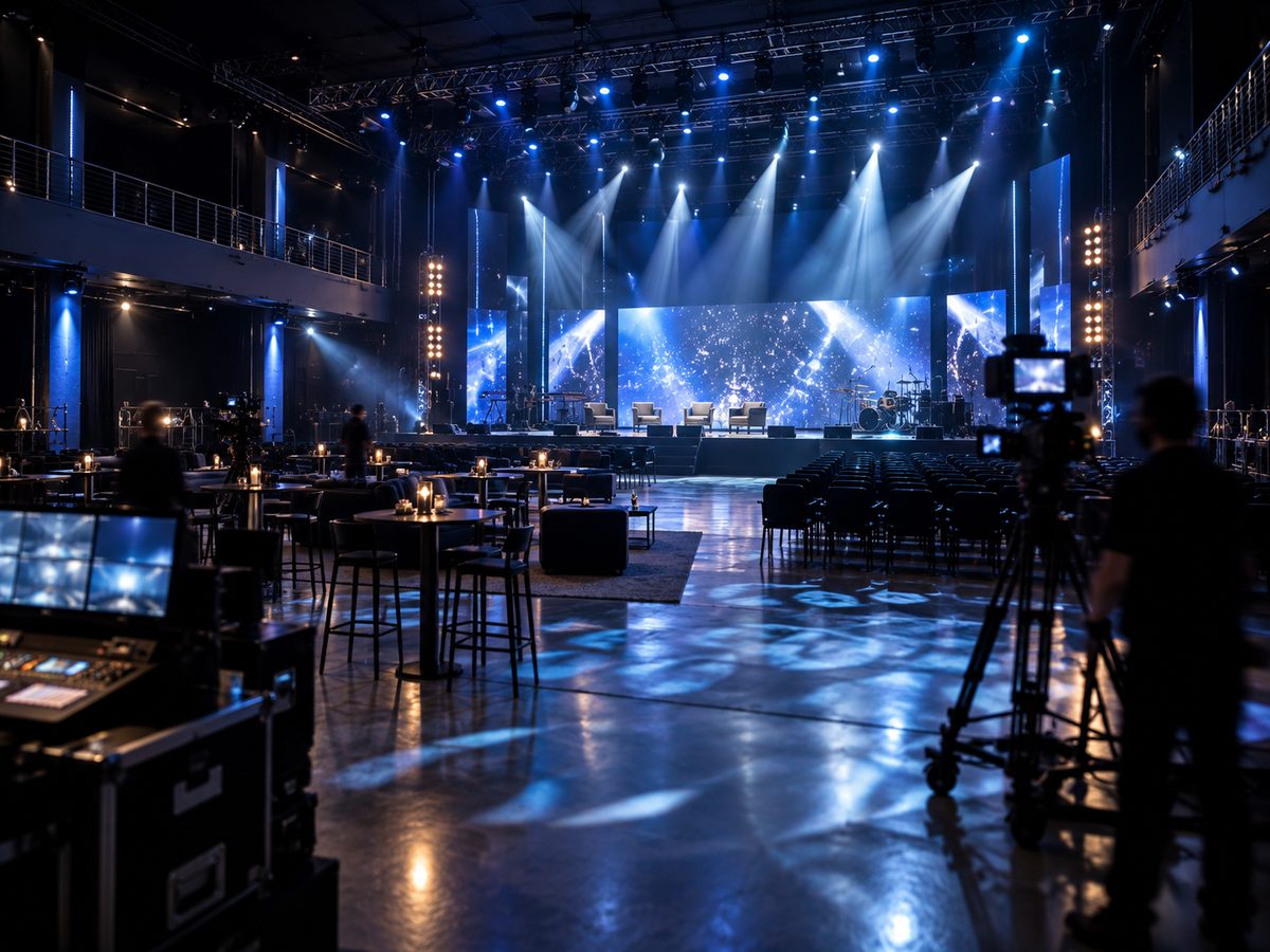 Producción de evento con escenario y cámaras